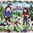 Dall·e 2024 07 17 15 53 34 A Quilling Style Image Of A Happy Canadian Family Playing With Their Labrador Retriever, Husky Dog, And Newfoundland Dog In A Pine Forest With Mountai