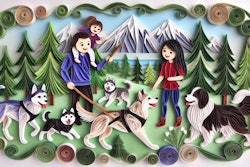 Dall·e 2024 07 17 15 53 34 A Quilling Style Image Of A Happy Canadian Family Playing With Their Labrador Retriever, Husky Dog, And Newfoundland Dog In A Pine Forest With Mountai