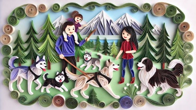 Dall·e 2024 07 17 15 53 34 A Quilling Style Image Of A Happy Canadian Family Playing With Their Labrador Retriever, Husky Dog, And Newfoundland Dog In A Pine Forest With Mountai