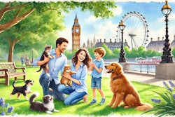 Dall·e 2024 07 19 08 06 24 A Watercolor Painting Of A Happy English Family Playing With Their Pet Cat And Dog In A Picturesque London Setting The Family, Consisting Of Parents