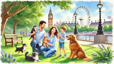 Dall·e 2024 07 19 08 06 24 A Watercolor Painting Of A Happy English Family Playing With Their Pet Cat And Dog In A Picturesque London Setting The Family, Consisting Of Parents