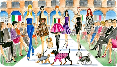 Dall·e 2024 07 23 09 57 56 A Watercolor Painting Of An Italian Fashion Show, Featuring Models Walking Down The Runway While Each Model Is Accompanied By A Stylish Dog The Model