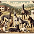 Dall·e 2024 07 23 10 02 27 A Novecento Italiano Style Illustration Featuring A Variety Of Italian Dog Breeds The Scene Is Set In An Italian Countryside With Rolling Hills And A