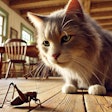 Dall·e 2024 07 24 11 58 25 A Realistic Cgi Close Up Of A Cat Eating A Cricket In A Farmhouse The Scene Shows A Detailed And Lifelike Cat With Soft Fur And Expressive Eyes, Inte