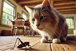 Dall·e 2024 07 24 11 58 25 A Realistic Cgi Close Up Of A Cat Eating A Cricket In A Farmhouse The Scene Shows A Detailed And Lifelike Cat With Soft Fur And Expressive Eyes, Inte