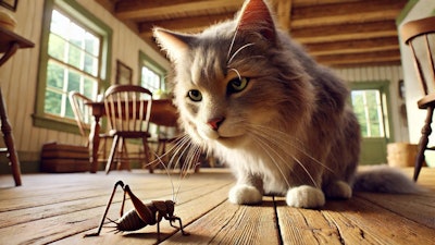 Dall·e 2024 07 24 11 58 25 A Realistic Cgi Close Up Of A Cat Eating A Cricket In A Farmhouse The Scene Shows A Detailed And Lifelike Cat With Soft Fur And Expressive Eyes, Inte