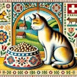 Dall·e 2024 07 30 17 13 17 A Swiss Folk Art Style Illustration Depicting A Cat Eating From A Bowl Of Kibble The Cat Is Sitting Gracefully, With Traditional Swiss Patterns And M