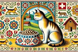 Dall·e 2024 07 30 17 13 17 A Swiss Folk Art Style Illustration Depicting A Cat Eating From A Bowl Of Kibble The Cat Is Sitting Gracefully, With Traditional Swiss Patterns And M