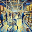 Dall·e 2024 07 31 14 17 42 An Impressionist Painting Of A Modern French Supermarket's Pet Food Aisle, Featuring Busy Customers Selecting Bags And Cans Of Dog Food And Placing Th