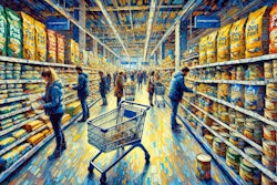 Dall·e 2024 07 31 14 17 42 An Impressionist Painting Of A Modern French Supermarket's Pet Food Aisle, Featuring Busy Customers Selecting Bags And Cans Of Dog Food And Placing Th