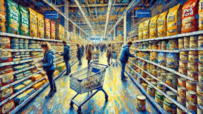 Dall·e 2024 07 31 14 17 42 An Impressionist Painting Of A Modern French Supermarket's Pet Food Aisle, Featuring Busy Customers Selecting Bags And Cans Of Dog Food And Placing Th