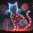 Dall·e 2024 07 23 13 15 14 A Fireworks Display In The Shape Of A Cat, With Red, White, And Blue Colors The Scene Is Set Against A Night Sky, With The Cat Shape Formed By Vibran