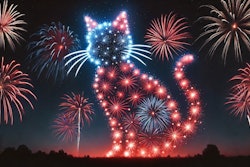 Dall·e 2024 07 23 13 15 14 A Fireworks Display In The Shape Of A Cat, With Red, White, And Blue Colors The Scene Is Set Against A Night Sky, With The Cat Shape Formed By Vibran