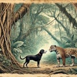 Dall·e 2024 07 25 16 34 10 An Aged Color Pencil Sketch From An Explorer's Notebook Depicting A Dog Meeting A Jaguar In The Amazon Jungle The Sketch Should Show A Lush Jungle Ba