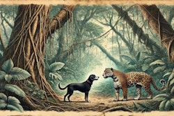 Dall·e 2024 07 25 16 34 10 An Aged Color Pencil Sketch From An Explorer's Notebook Depicting A Dog Meeting A Jaguar In The Amazon Jungle The Sketch Should Show A Lush Jungle Ba