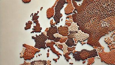 Dall·e 2024 07 31 14 20 39 A Detailed Map Of Europe Created Entirely Out Of Kibble Each Country Is Represented By Different Shapes And Sizes Of Kibble Pieces, Carefully Arrange