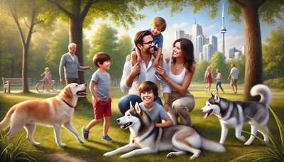 Dall·e 2024 08 01 11 49 13 A Realistic, High Definition, Life Like Oil Painting Of A Happy Canadian Family Playing With Their Labrador Retriever And Husky Dogs In A Park In Toro