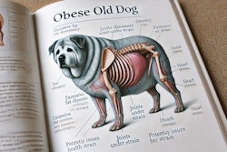 Dall·e 2024 08 08 11 45 06 A Medical Book Diagram Illustrating An Obese Old Dog The Diagram Should Show The Dog's Body With Detailed Labels Indicating Areas Affected By Obesity
