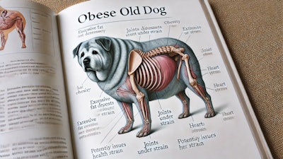 Dall·e 2024 08 08 11 45 06 A Medical Book Diagram Illustrating An Obese Old Dog The Diagram Should Show The Dog's Body With Detailed Labels Indicating Areas Affected By Obesity