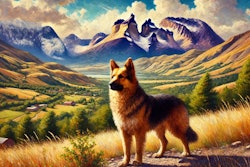 Dall·e 2024 08 21 09 09 01 Create An Oil Painting Of A Dog In Chile, Capturing A Majestic Landscape In The Background The Dog Should Be A Prominent Figure, Perhaps A Breed Comm