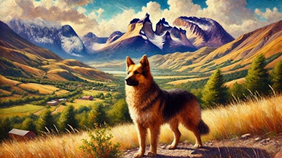 Dall·e 2024 08 21 09 09 01 Create An Oil Painting Of A Dog In Chile, Capturing A Majestic Landscape In The Background The Dog Should Be A Prominent Figure, Perhaps A Breed Comm