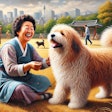 Dall·e 2024 08 21 12 33 40 A Detailed Landscape Oil Painting Of A Joyful Senior South Korean Woman Playing With Her Pet Sapsali Dog In A Dog Park In Seoul The Scene Captures A