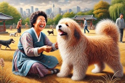 Dall·e 2024 08 21 12 33 40 A Detailed Landscape Oil Painting Of A Joyful Senior South Korean Woman Playing With Her Pet Sapsali Dog In A Dog Park In Seoul The Scene Captures A