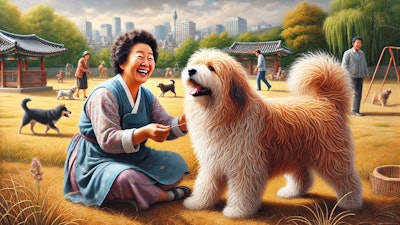 Dall·e 2024 08 21 12 33 40 A Detailed Landscape Oil Painting Of A Joyful Senior South Korean Woman Playing With Her Pet Sapsali Dog In A Dog Park In Seoul The Scene Captures A