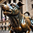 Dall·e 2024 08 21 12 41 29 A Highly Detailed Bronze Statue Of A Barking Dog, Positioned Prominently On Wall Street The Dog Is Depicted Mid Bark, With Its Mouth Open And Head Sl