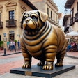 Dall·e 2024 08 27 09 22 42 A Bronze Sculpture Of An Obese Humanoid Dog Displayed Outdoors On The Streets Of Bogotá, Colombia The Dog Has Human Like Features While Retaining A D