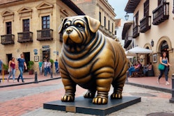 Dall·e 2024 08 27 09 22 42 A Bronze Sculpture Of An Obese Humanoid Dog Displayed Outdoors On The Streets Of Bogotá, Colombia The Dog Has Human Like Features While Retaining A D