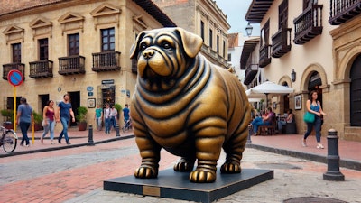 Dall·e 2024 08 27 09 22 42 A Bronze Sculpture Of An Obese Humanoid Dog Displayed Outdoors On The Streets Of Bogotá, Colombia The Dog Has Human Like Features While Retaining A D