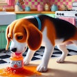 Dall·e 2024 08 28 12 25 56 An Oil Painting Of A Beagle Dog In A 1950s Style Kitchen, Captured From An Angle The Scene Focuses On A Close Up Of The Beagle, Which Is Eating Jelly