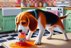 Dall·e 2024 08 28 12 25 56 An Oil Painting Of A Beagle Dog In A 1950s Style Kitchen, Captured From An Angle The Scene Focuses On A Close Up Of The Beagle, Which Is Eating Jelly