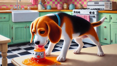 Dall·e 2024 08 28 12 25 56 An Oil Painting Of A Beagle Dog In A 1950s Style Kitchen, Captured From An Angle The Scene Focuses On A Close Up Of The Beagle, Which Is Eating Jelly