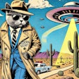 Dall·e 2024 08 29 09 23 09 A Campy 1950s Comic Book Style Image Featuring A Humanoid Cat Dressed As A Federal Secret Agent, Complete With A Trench Coat, Fedora, And Dark Sunglas