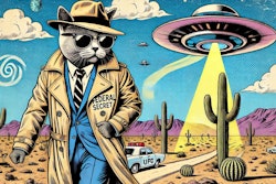 Dall·e 2024 08 29 09 23 09 A Campy 1950s Comic Book Style Image Featuring A Humanoid Cat Dressed As A Federal Secret Agent, Complete With A Trench Coat, Fedora, And Dark Sunglas