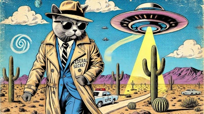 Dall·e 2024 08 29 09 23 09 A Campy 1950s Comic Book Style Image Featuring A Humanoid Cat Dressed As A Federal Secret Agent, Complete With A Trench Coat, Fedora, And Dark Sunglas
