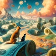Dall·e 2024 06 04 13 48 29 A Surrealist Image Of A Dog And Cat Walking Through A Landscape Of Money The Scene Is Dreamlike And Fantastical, With Large Bills And Coins Forming H