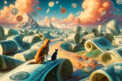 Dall·e 2024 06 04 13 48 29 A Surrealist Image Of A Dog And Cat Walking Through A Landscape Of Money The Scene Is Dreamlike And Fantastical, With Large Bills And Coins Forming H