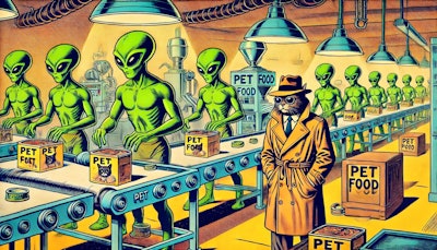 Dall·e 2024 09 05 06 27 50 A 1950s Style Comic Book Scene Featuring Aliens Producing Pet Food In A High Tech, Futuristic Factory The Aliens, With Exaggerated Green Skin And Big