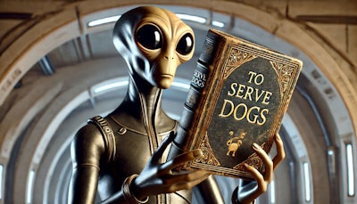 Dall·e 2024 09 05 06 30 38 A Cgi Rendering Of An Alien Holding An Old, Worn Leather Bound Book With The Words 'to Serve Dogs' Embossed On The Cover In Gold Letters The Alien Ha