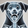 Dall·e 2024 09 05 11 11 35 A Detailed X Ray Image Of A Dog's Skeleton With An Overlay Of A Happy Dog, Where The Dog Has An Expressive Face Showing Joy The Image Should Highligh