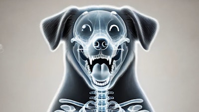 Dall·e 2024 09 05 11 11 35 A Detailed X Ray Image Of A Dog's Skeleton With An Overlay Of A Happy Dog, Where The Dog Has An Expressive Face Showing Joy The Image Should Highligh