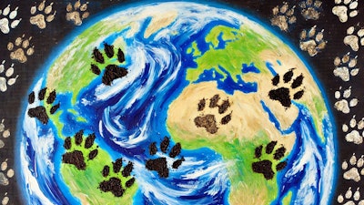 Dall·e 2024 09 10 09 25 03 An Oil Painting Of The Earth, Viewed From Space Like The Famous 'blue Marble' Image, But Covered With Dirty Dog And Cat Footprints The Planet's Blue