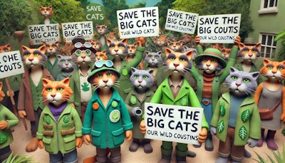 Dall·e 2024 09 10 09 37 10 An Aardman Animation Style Image Of Environmentalist Cats Protesting To Protect Wild Cats, Their Wild Cousins The Cats Have Expressive, Clay Like Fac