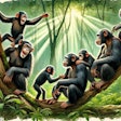 Dall·e 2024 09 10 10 12 19 A Watercolor Painting Of A Joyful Chimpanzee Troop In Their Natural Habitat The Scene Shows Several Chimpanzees Interacting Playfully With One Anothe