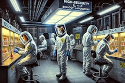 Dall·e 2024 09 16 11 55 50 A Dramatic Oil Painting Of Humanoid Cats Wearing Biohazard Suits Inside A High Security Bsl 4 Biology Laboratory At The Centers For Disease Control T