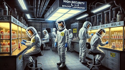 Dall·e 2024 09 16 11 55 50 A Dramatic Oil Painting Of Humanoid Cats Wearing Biohazard Suits Inside A High Security Bsl 4 Biology Laboratory At The Centers For Disease Control T