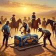 Dall·e 2024 09 18 12 17 13 An 1800s Oil Painting Depicting A Group Of Cowboys Branding A Large Blue And Gold Bag Of Dog Food With A Branding Iron The Scene Is Set During Golden